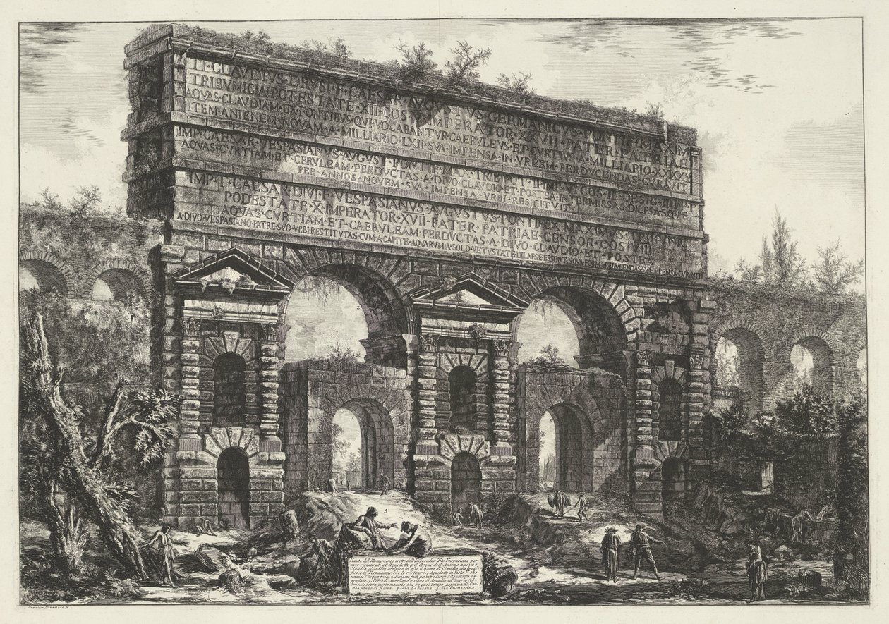 Porta Maggiore w Rzymie Widok pomnika wzniesionego przez cesarza Tytusa Wespazjana (...) (tytuł na obiekcie) Gezichten op Rome (tytuł serii) Widoki Rzymu zaprojektowane i wyryte przez architekta Giambattistę Piranesiego Ve (nez) iano (tytuł serii) autorstwa Giovanni Battista Piranesi