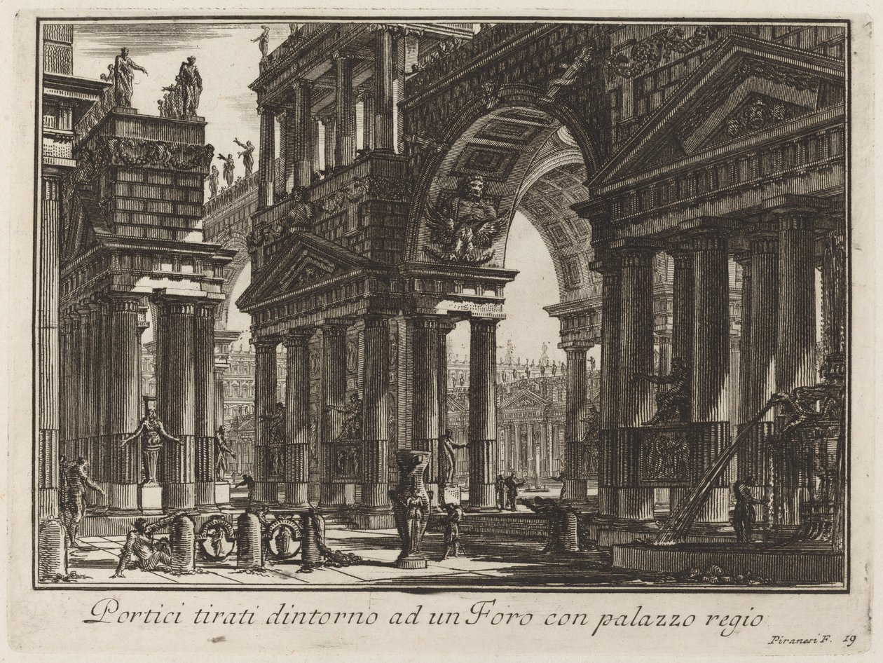 Portyki narysowane wokół Forum z pałacem królewskim autorstwa Giovanni Battista Piranesi