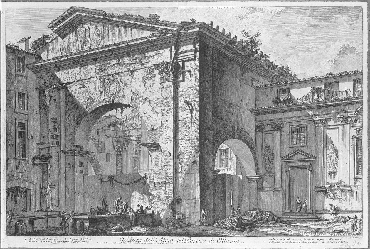 Porticus van Octavia te Rome Widok Atrium Portyku Oktawii (tytuł na obiekcie) Gezichten op Rome (tytuł serii) Widoki Rzymu zaprojektowane i wyryte przez architekta Giambattistę Piranesiego Ve (nez) iano (tytuł serii) autorstwa Giovanni Battista Piranesi