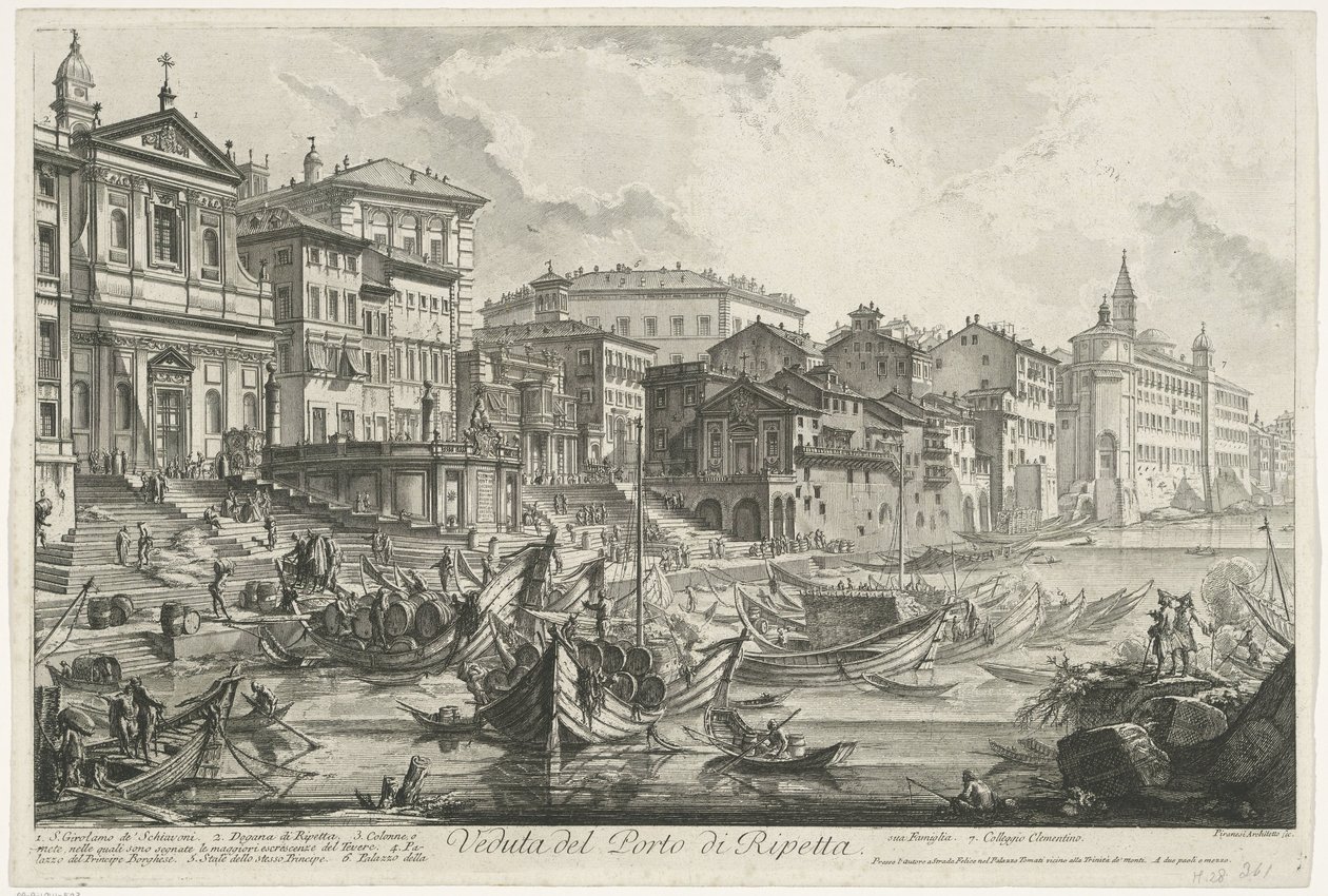 Port Ripetta te Rome Widok na port Ripetta (tytuł na obiekcie) Gezichten op Rome (tytuł serii) Widoki Rzymu zaprojektowane i wyryte przez architekta Giambattistę Piranesiego Ve (nez) iano (tytuł serii) autorstwa Giovanni Battista Piranesi