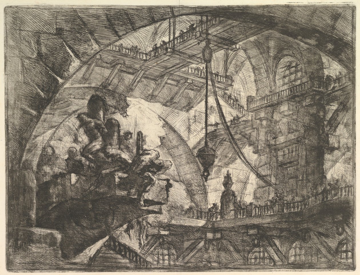 Więźniowie na platformie projekcyjnej, z wyimaginowanych więzień Carceri dinvenzione, ca. 1749-50. autorstwa Giovanni Battista Piranesi