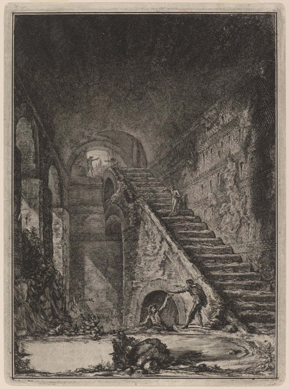 Perspektywa Klatki Schodowej zabezpieczenia wodnego w/w obudów, wymienionych w planie na Tablicy XIII z wt. G. autorstwa Giovanni Battista Piranesi