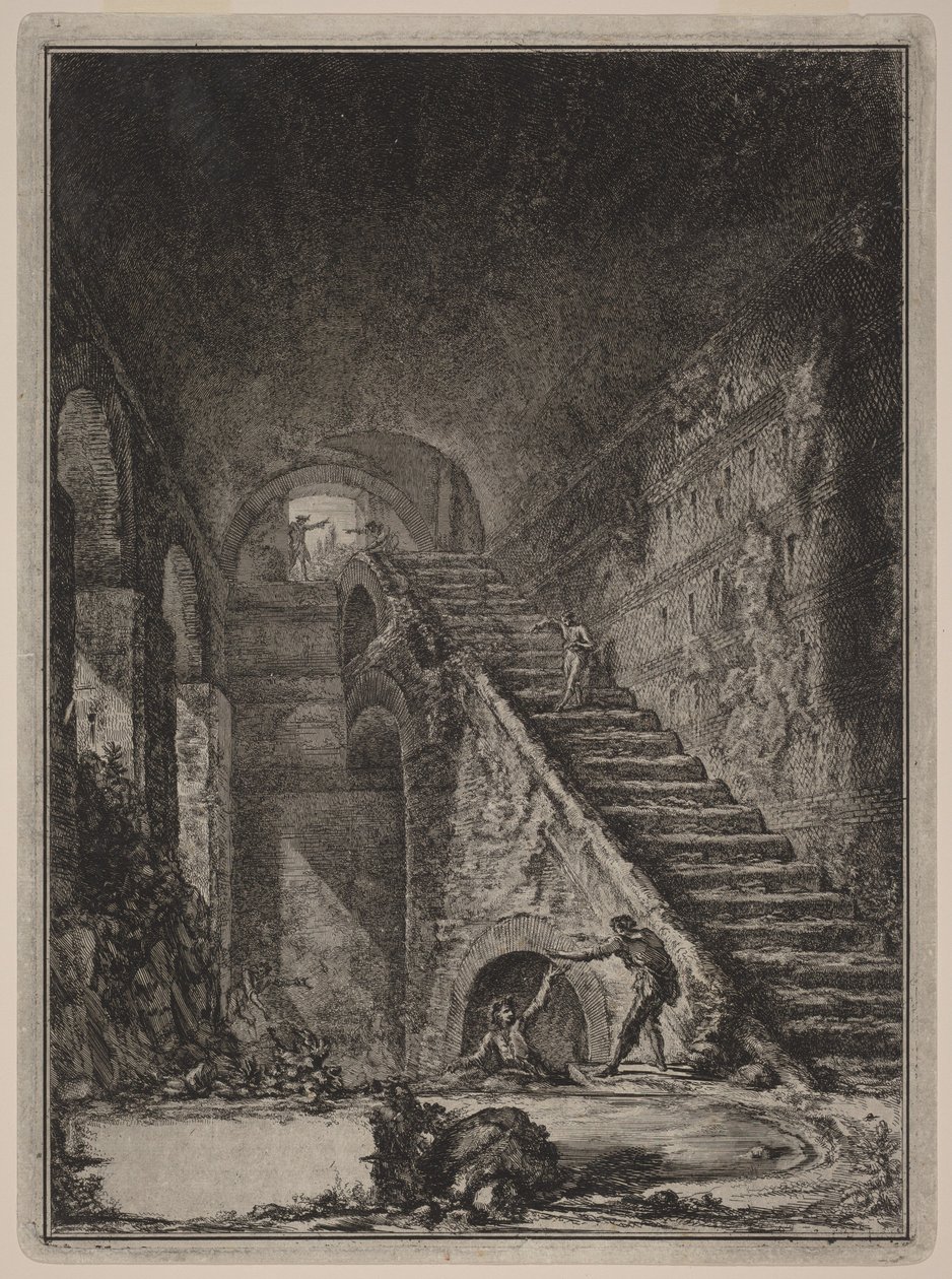 Perspektywa schodów zbiornika wodnego wspomnianych wcześniej pomieszczeń mieszkalnych, oznaczonych na planie w tablicy XIII literą G. autorstwa Giovanni Battista Piranesi