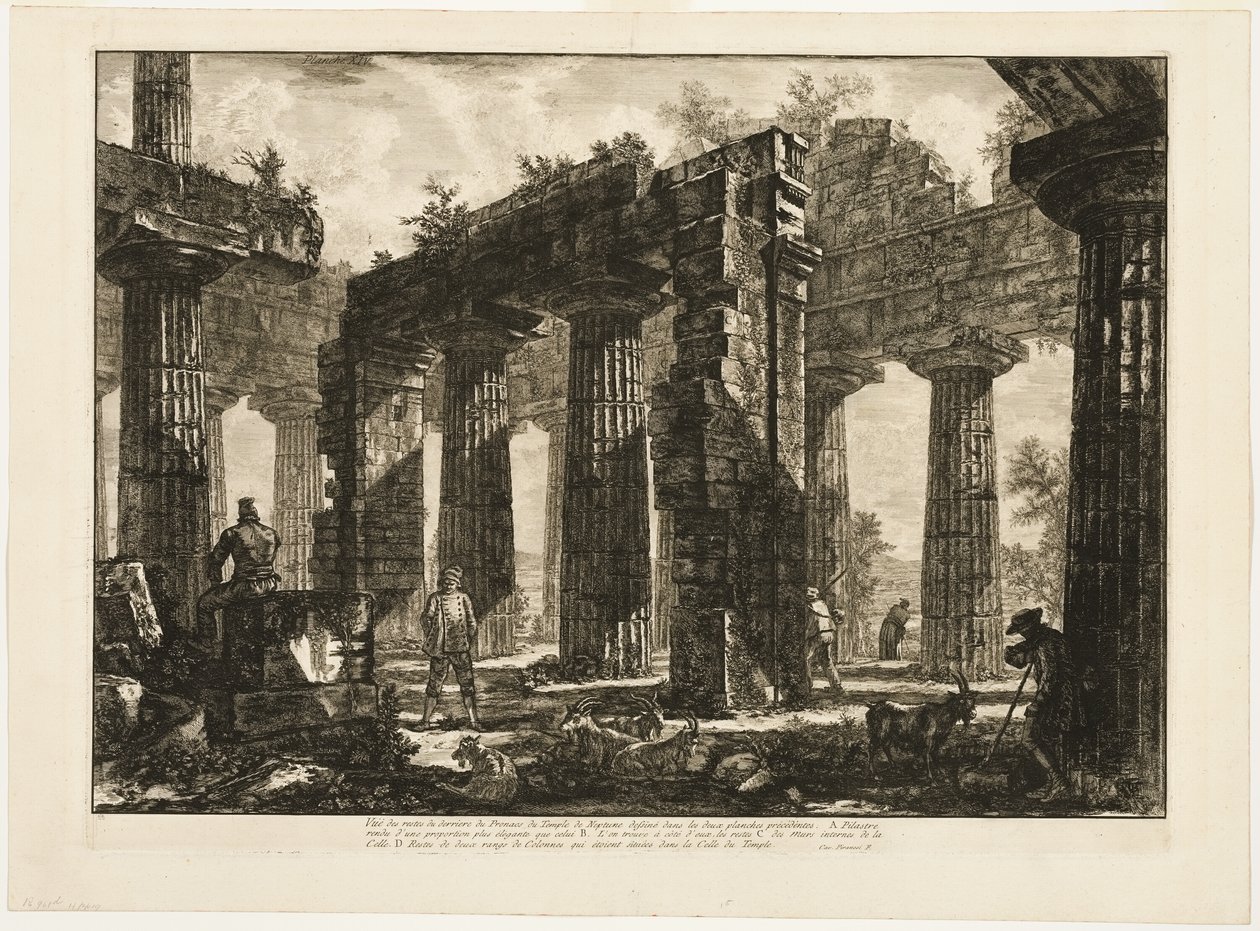 Widok z tyłu szczątków pronaos świątyni Neptuna, narysowanych na dwóch poprzednich płytach, z różnych widoków Paestum autorstwa Giovanni Battista Piranesi