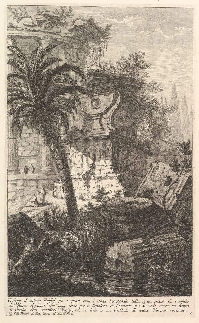 Pozostałości starożytnych budowli, wśród których stoi urna nagrobna Marka Agryppy ma..., ca. 1750. autorstwa Giovanni Battista Piranesi