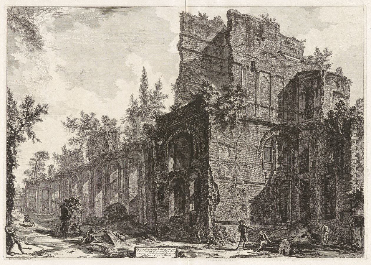Ruiny jednych z koszar żołnierskich w pobliżu jednej ze znacznych budowli Hadriana w jego willi w Tivoli, tak zwanego Pretorio autorstwa Giovanni Battista Piranesi