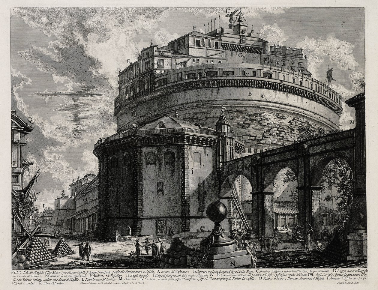 Widok od tyłu na Mauzoleum Hadriana, obecnie zwane Zamkiem Świętego Anioła (z: Vedute di Roma) autorstwa Giovanni Battista Piranesi