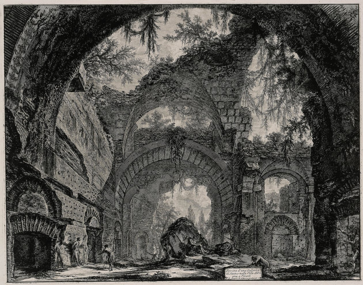 Ruiny galerii posągów w willi Hadriana koło Tivoli (z: Vedute di Roma) autorstwa Giovanni Battista Piranesi