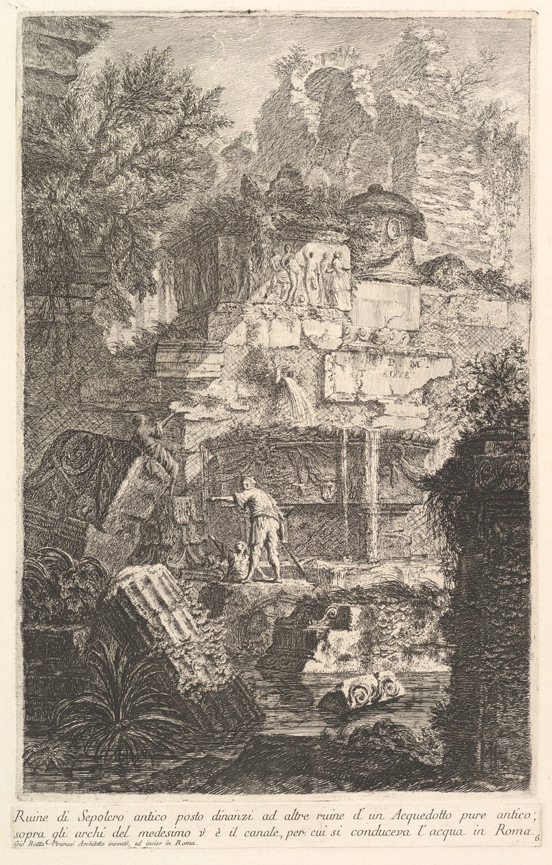 Ruiny starożytnego grobowca przed ruinami starożytnego akweduktu Ruine di Sepolcro a..., ca. 1750. autorstwa Giovanni-Battista Piranesi