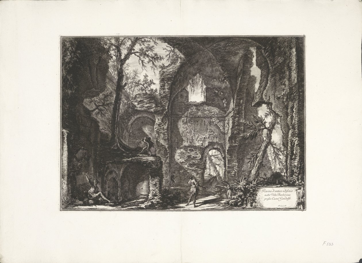 Ruïne w Villa Barberini Ruiny starożytnego budynku w Villa Barberina koło Castel Gandolfo (tytuł na obiekcie) Archeologische vondsten uit Albano en Castel Gandolfo (tytuł serii) Starożytności Albano i Castel Gandolfo (tytuł serii) autorstwa Giovanni Battista Piranesi