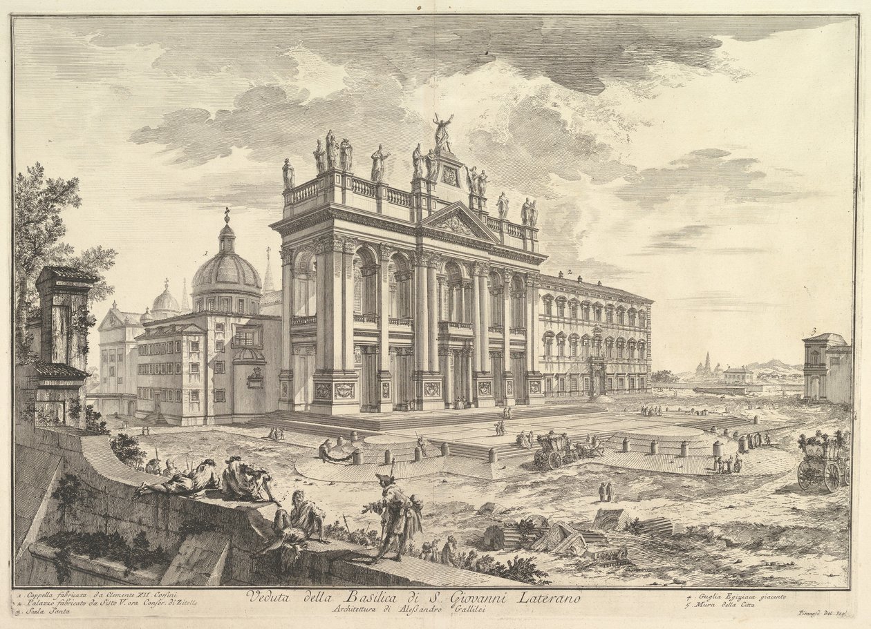 S. Giovanni in Laterano, fasada główna, z pałacem i Scala Santa po prawej stronie (Veduta della Basilica di S. Giovanni Laterano), z „Vedute di Roma” autorstwa Giovanni Battista Piranesi
