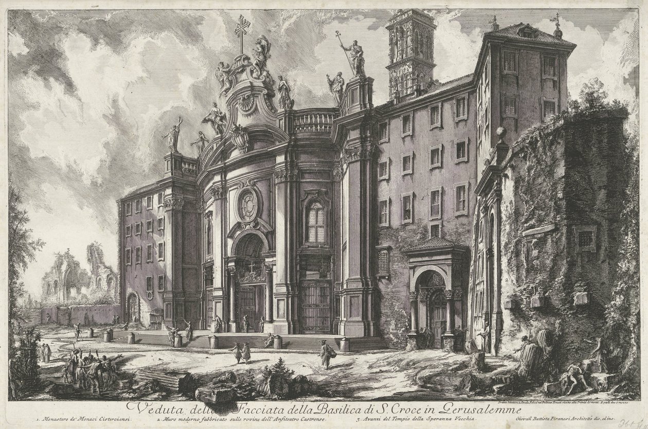 Santa Croce w Gerusalemme te Rome Widok na fasadę bazyliki S. Croce in Gerusalemme (tytuł na obiekcie) Gezichten op Rome (tytuł serii) Widoki Rzymu zaprojektowane i wyryte przez architekta Giambattistę Piranesiego Ve (nez) iano (tytuł serii) autorstwa Giovanni Battista Piranesi