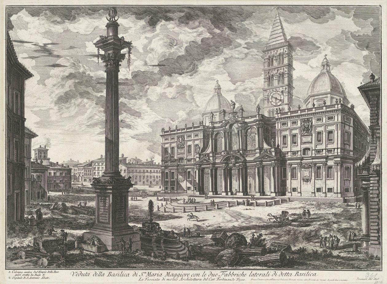 Santa Maria Maggiore w Rzymie Widok bazyliki Santa Maria Maggiore z dwiema bocznymi fabrykami wspomnianej bazyliki (tytuł na obiekcie) Gezichten op Rome (tytuł serii) Widoki Rzymu zaprojektowane i wyryte przez architekta Giambattistę Piranesiego Ve (nez) i autorstwa Giovanni Battista Piranesi