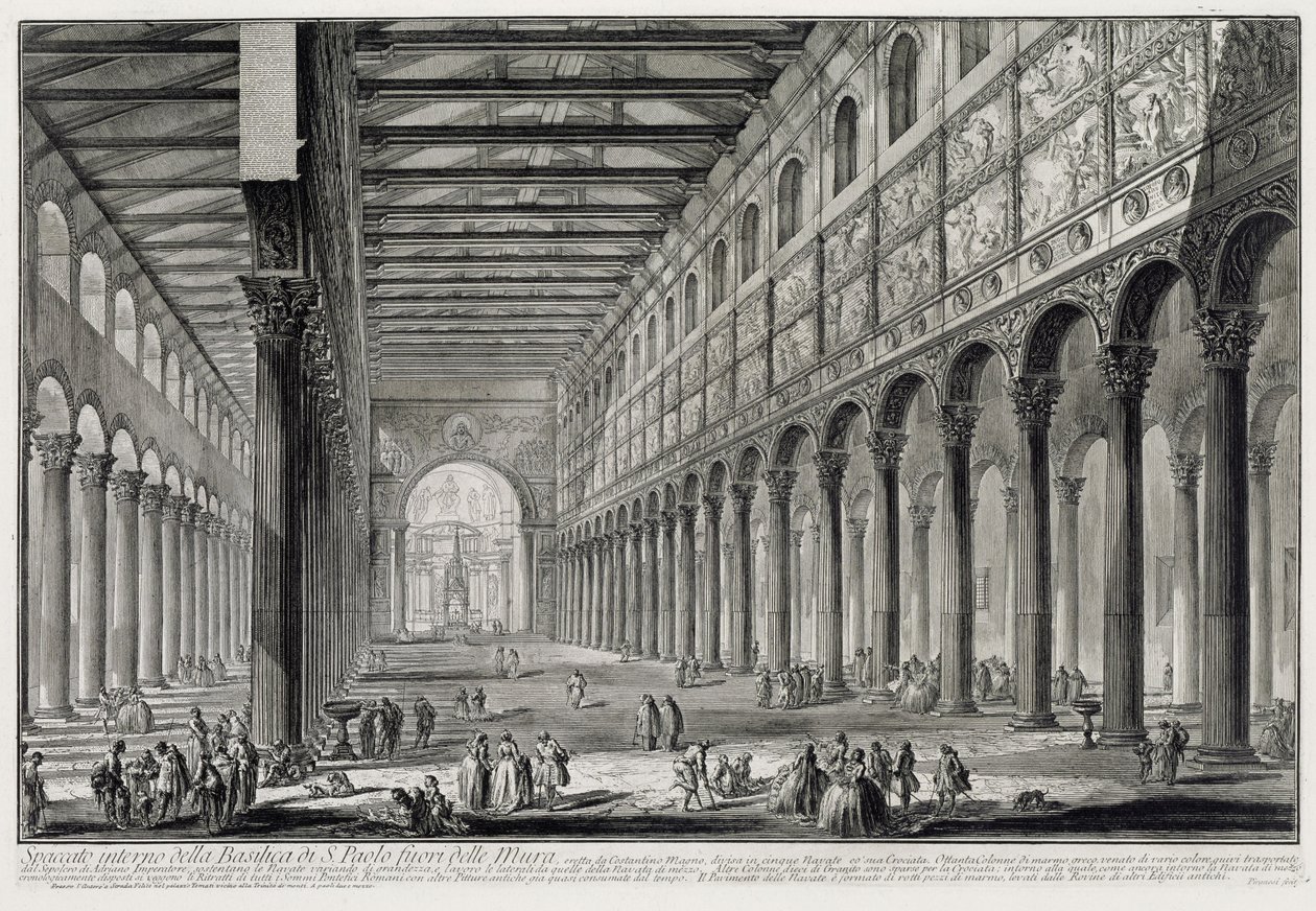 Przekrój wnętrza bazyliki San Paolo fuori le Mura (z: Vedute di Roma) autorstwa Giovanni Battista Piranesi