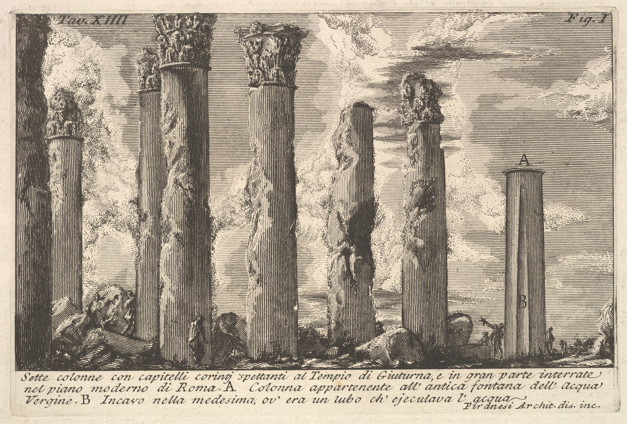 Siedem kolumn Świątyni Juturny z kapitelami korynckimi. . . Okrężnica..., XVIII wiek. autorstwa Giovanni Battista Piranesi