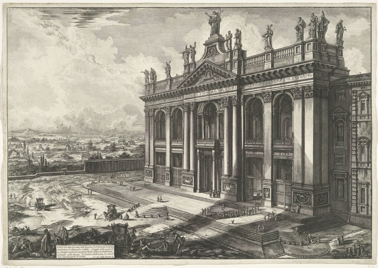 Sint-Jan van Lateranen w Rzymie Widok na fasadę bazyliki św. Jana na Lateranie (...) (tytuł na obiekcie) Gezichten op Rome (tytuł serii) Widoki Rzymu zaprojektowane i wyryte przez architekta Giambattistę Piranesiego Ve (nez) iano (tytuł serii) autorstwa Giovanni Battista Piranesi