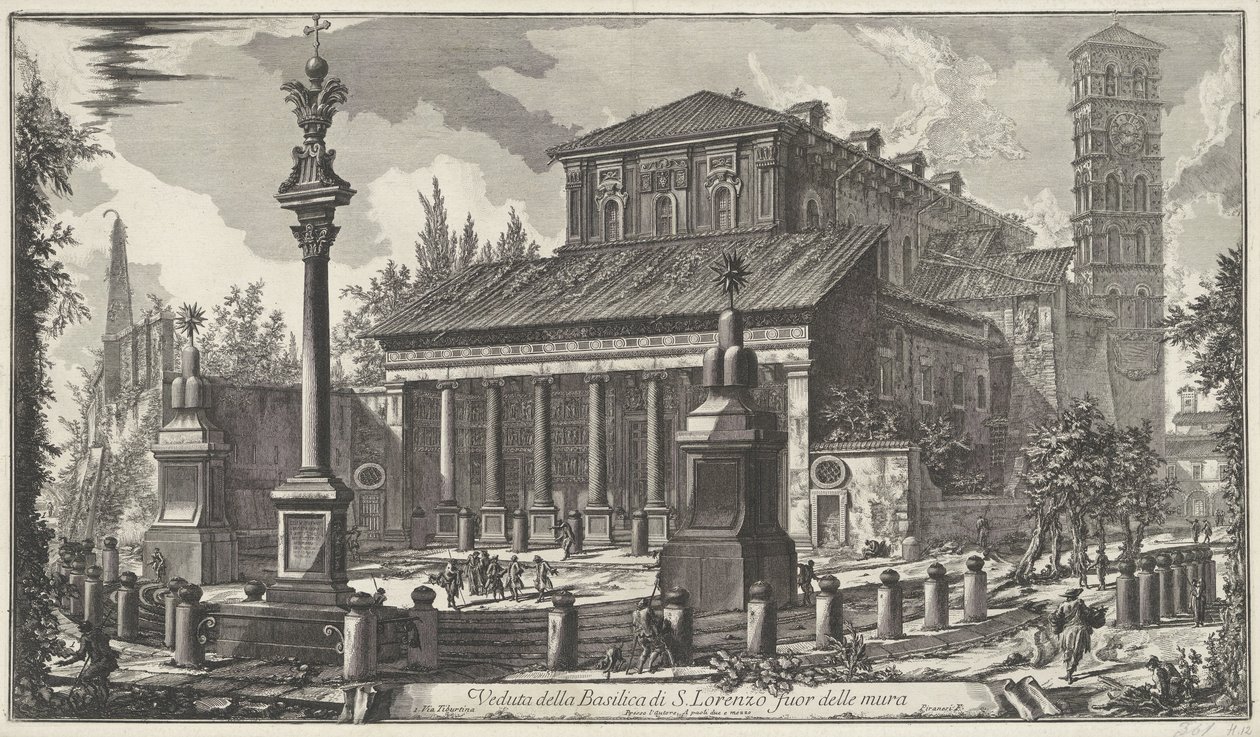 Sint-Laurens buiten de Muren te Rome Widok bazyliki S. Lorenzo za murami (tytuł na obiekcie) Gezichten op Rome (tytuł serii) Widoki Rzymu zaprojektowane i wyryte przez architekta Giambattistę Piranesiego Ve (nez) iano (tytuł serii) autorstwa Giovanni Battista Piranesi