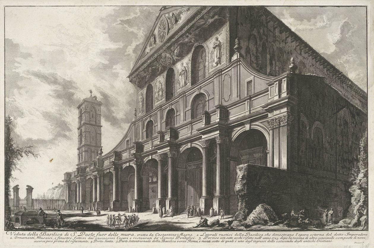 Sint-Paulus buiten de Muren te Rome Widok bazyliki św. Pawła za murami, zbudowanej przez Konstantyna Wielkiego (tytuł na obiekcie) Gezichten op Rome (tytuł serii) Widoki Rzymu zaprojektowane i wyryte przez architekta Giambattistę Piranesiego Ve (nez) iano  autorstwa Giovanni Battista Piranesi