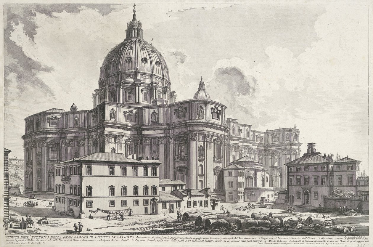 Sint-Pietersbasiliek vanaf Plac Zakrystii Widok z zewnątrz wielkiej Bazyliki św. Piotra w Watykanie (tytuł na obiekcie) Gezichten op Rome (tytuł serii) Widoki Rzymu zaprojektowane i wyryte przez architekta Giambattistę Piranesiego Ve (nez) iano (ser autorstwa Giovanni Battista Piranesi