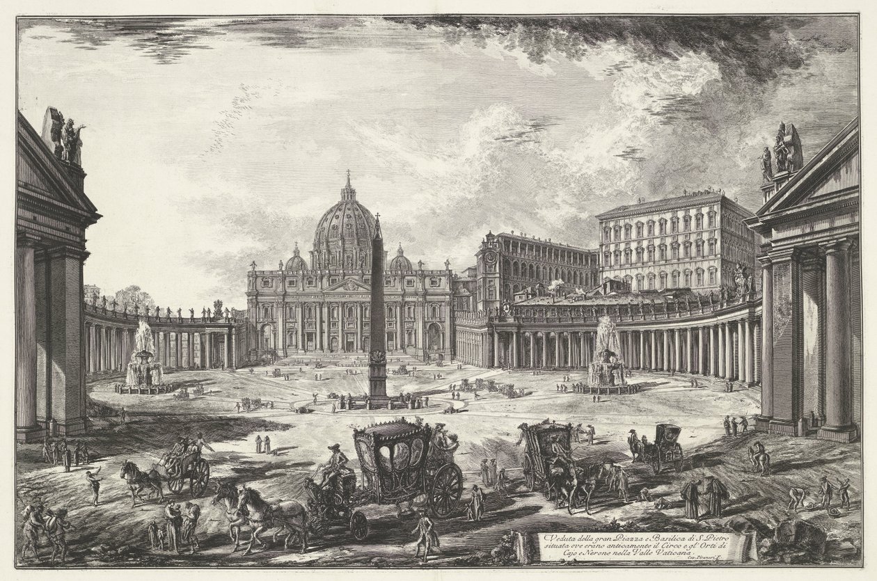 Sint-Pietersplein met de Sint-Pietersbasiliek te Vaticaanstad Widok na duży plac i Bazylikę św. Piotra (...) (tytuł na obiekcie) Gezichten op Rome (tytuł serii) Widoki Rzymu zaprojektowane i wyryte przez architekta Giambattistę Piranesiego Ve (nez) iano (s autorstwa Giovanni Battista Piranesi