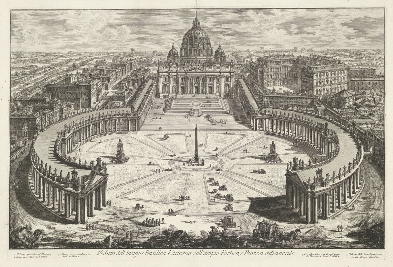 Sint-Pietersplein met de Sint-Pietersbasiliek te Vaticaanstad Widok na słynną Bazylikę Watykańską z dużym portykiem i przyległym Piazza (tytuł na obiekcie) Gezichten op Rome (tytuł serii) Widoki Rzymu zaprojektowane i wyryte przez Giambattista Piranesi arc autorstwa Giovanni Battista Piranesi