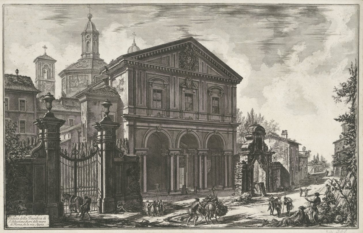 Sint-Sebastiaan buiten de Muren te Rome Widok Bazyliki S. Sebastiano za murami Rzymu, na Via Appia (tytuł na obiekcie) Gezichten op Rome (tytuł serii) Widoki Rzymu zaprojektowane i wyryte przez architekta Giambattistę Piranesiego Ve (nez) ian autorstwa Giovanni Battista Piranesi
