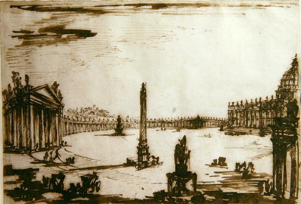 Plac Świętego Piotra, Rzym (pióro i atrament na papierze) autorstwa Giovanni Battista Piranesi