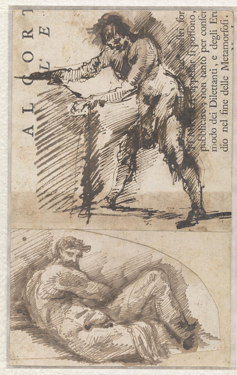 Studium stojącej postaci męskiej mierzącej cokół (a). Studium według Il Giorno Michała Anioła (b) autorstwa Giovanni Battista Piranesi