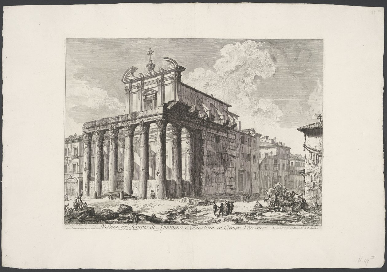 Tempel van Antoninus en Faustyna te Rome Widok świątyni Antonina i Faustyny ​​w Campo Vaccino (tytuł na obiekcie) Gezichten op Rome (tytuł serii) Widoki Rzymu zaprojektowane i wyryte przez architekta Giambattistę Piranesiego Ve (nez) iano (tytuł serii) autorstwa Giovanni Battista Piranesi