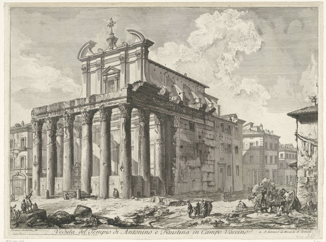Tempel van Antoninus en Faustyna te Rome Widok świątyni Antonina i Faustyny ​​w Campo Vaccino (tytuł na obiekcie) Gezichten op Rome (tytuł serii) Widoki Rzymu zaprojektowane i wyryte przez architekta Giambattistę Piranesiego Ve (nez) iano (tytuł serii) autorstwa Giovanni Battista Piranesi