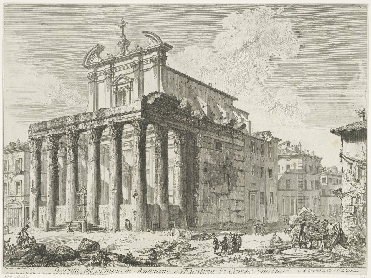 Tempel van Antoninus en Faustyna te Rome Widok świątyni Antonina i Faustyny ​​w Campo Vaccino (tytuł na obiekcie) Gezichten op Rome (tytuł serii) Widoki Rzymu zaprojektowane i wyryte przez architekta Giambattistę Piranesiego Ve (nez) iano (tytuł serii) autorstwa Giovanni Battista Piranesi
