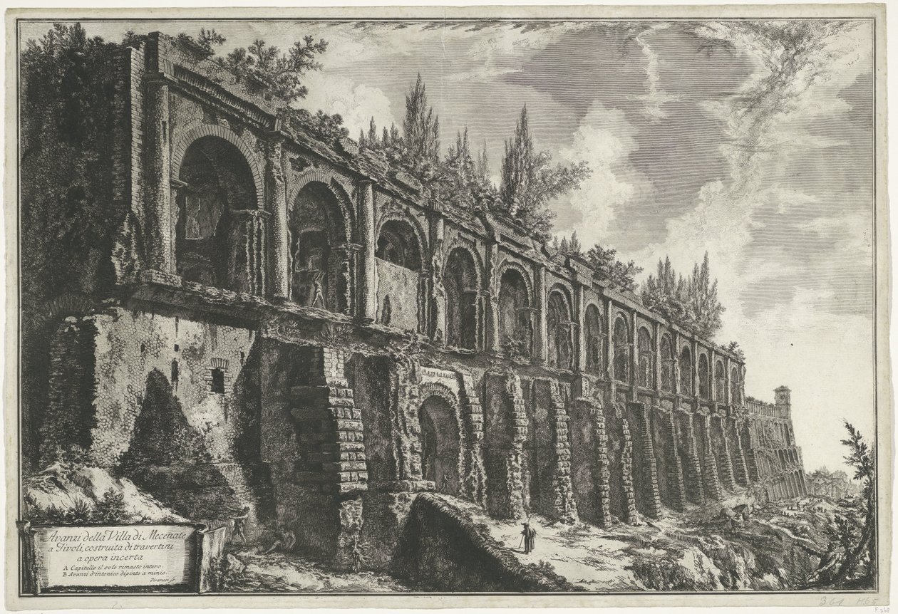 Tempel van Hercules Victor t i Tivoli Pozostałości Villa di Mecenate w Tivoli, zbudowane z trawertynów o niepewnej pracy (tytuł na obiekcie) Gezichten op Rome (tytuł serii) Widoki Rzymu zaprojektowane i wyryte przez architekta Giambattistę Piranesiego Ve ( autorstwa Giovanni Battista Piranesi