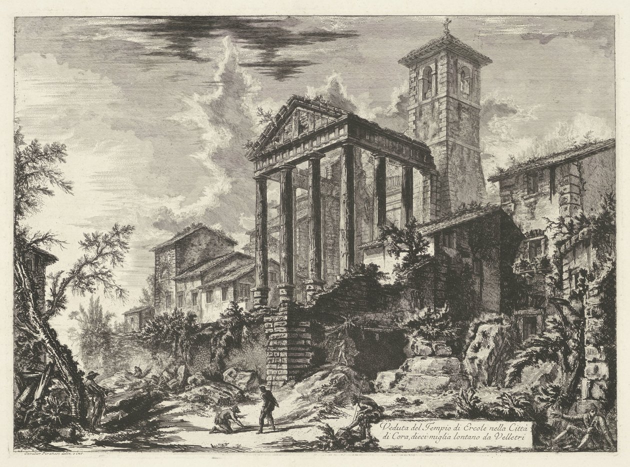 Tempel van Hercules te Cori Widok świątyni Herkulesa w mieście Cora, dziesięć mil od Velletri (tytuł na obiekcie) Gezichten op Rome (tytuł serii) Widoki Rzymu zaprojektowane i wyryte przez architekta Giambattistę Piranesiego Ve (nez) iano (seria t autorstwa Giovanni Battista Piranesi