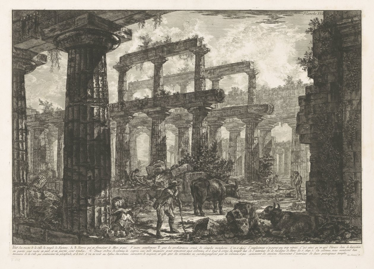 Świątynia Neptuna w Paestum Vue des restes de la Celle du Temple de Neptune (tytuł przedmiotu) Różne widoki pozostałości trzech dużych budynków wciąż stojących w Paestum (tytuł serii) Różne vues de quelques restes de trois gr autorstwa Giovanni Battista Piranesi