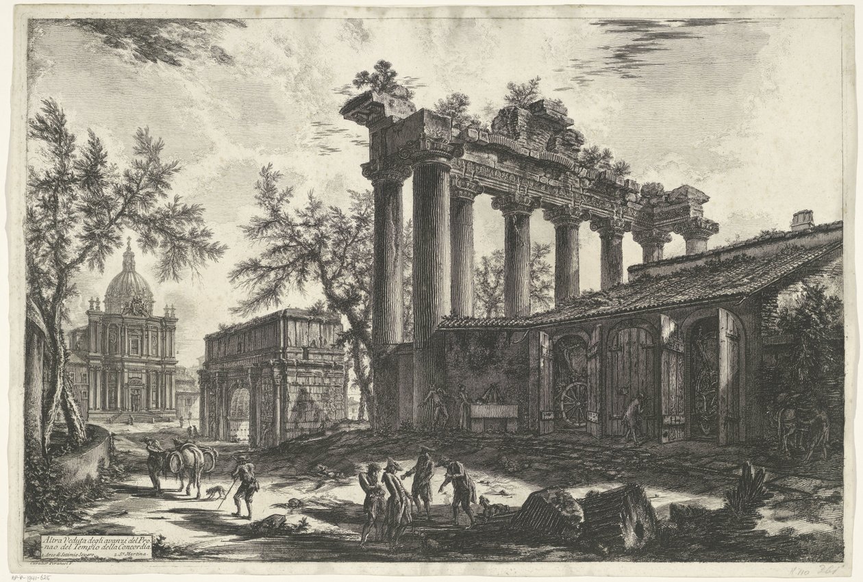 Tempel van Saturnus w Rzymie Inny widok szczątków Pronaosa ze świątyni Concordia (tytuł na obiekcie) Gezichten op Rome (tytuł serii) Widoki Rzymu zaprojektowane i wyryte przez architekta Giambattistę Piranesiego Ve (nez) iano (tytuł serii) autorstwa Giovanni Battista Piranesi