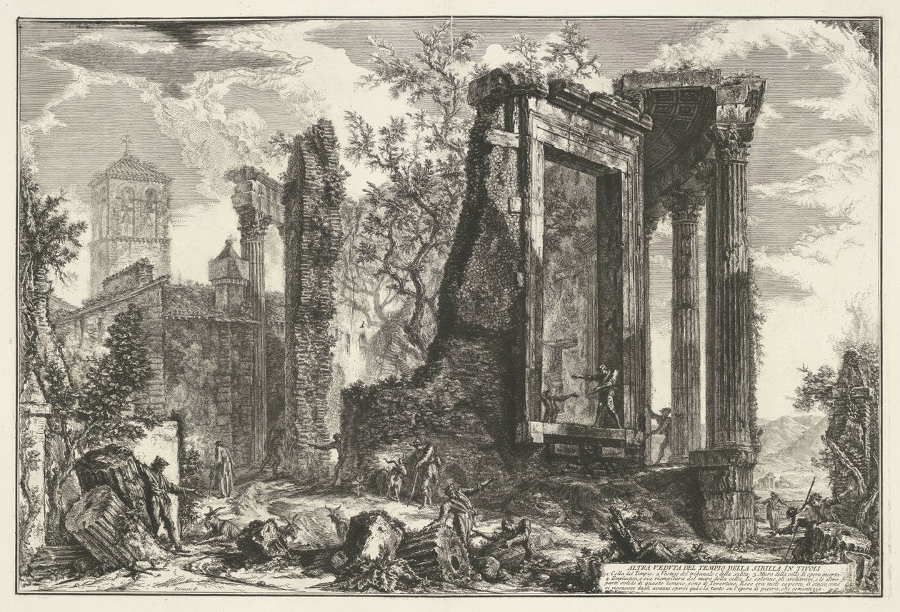 Tempel van Vesta en de Tempel van de Tiburtijnse Sibille w Tivoli Inny widok na świątynię Sybilli w Tivoli (tytuł na obiekcie) Gezichten op Rome (tytuł serii) Widoki Rzymu zaprojektowane i wyryte przez architekta Giambattistę Piranesiego Ve (nez) iano (ser autorstwa Giovanni Battista Piranesi