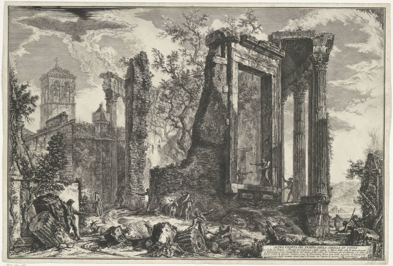 Tempel van Vesta en de Tempel van de Tiburtijnse Sibille w Tivoli Inny widok na świątynię Sybilli w Tivoli (tytuł na obiekcie) Gezichten op Rome (tytuł serii) Widoki Rzymu zaprojektowane i wyryte przez architekta Giambattistę Piranesiego Ve (nez) iano (ser autorstwa Giovanni Battista Piranesi