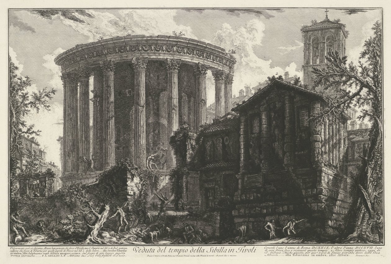 Tempel van Vesta en de Tempel van de Tiburtijnse Sibille w Tivoli Widok świątyni Sybilli w Tivoli (tytuł na obiekcie) Gezichten op Rome (tytuł serii) Widoki Rzymu zaprojektowane i wyryte przez architekta Giambattistę Piranesiego Ve (nez) iano (seria ti autorstwa Giovanni Battista Piranesi