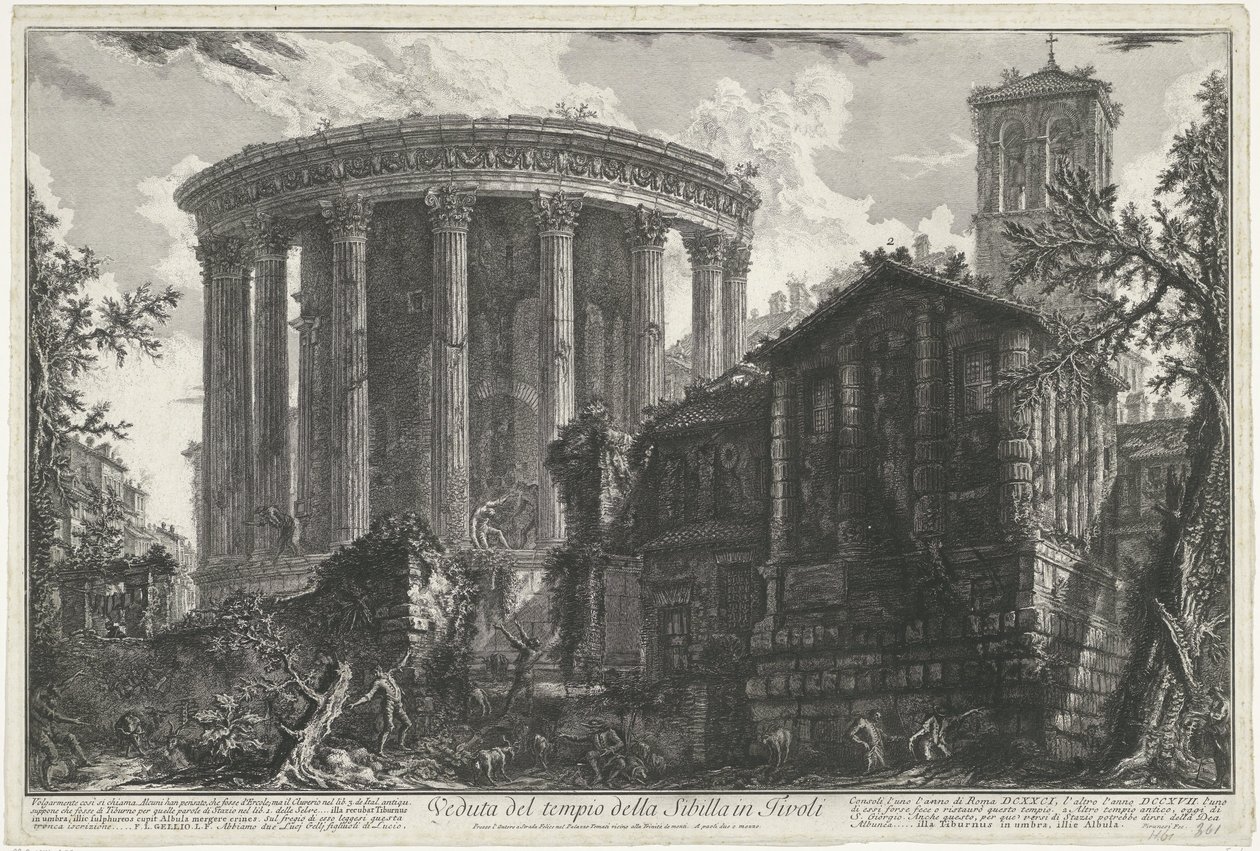 Tempel van Vesta en de Tempel van de Tiburtijnse Sibille w Tivoli Widok świątyni Sybilli w Tivoli (tytuł na obiekcie) Gezichten op Rome (tytuł serii) Widoki Rzymu zaprojektowane i wyryte przez architekta Giambattistę Piranesiego Ve (nez) iano (seria ti autorstwa Giovanni Battista Piranesi