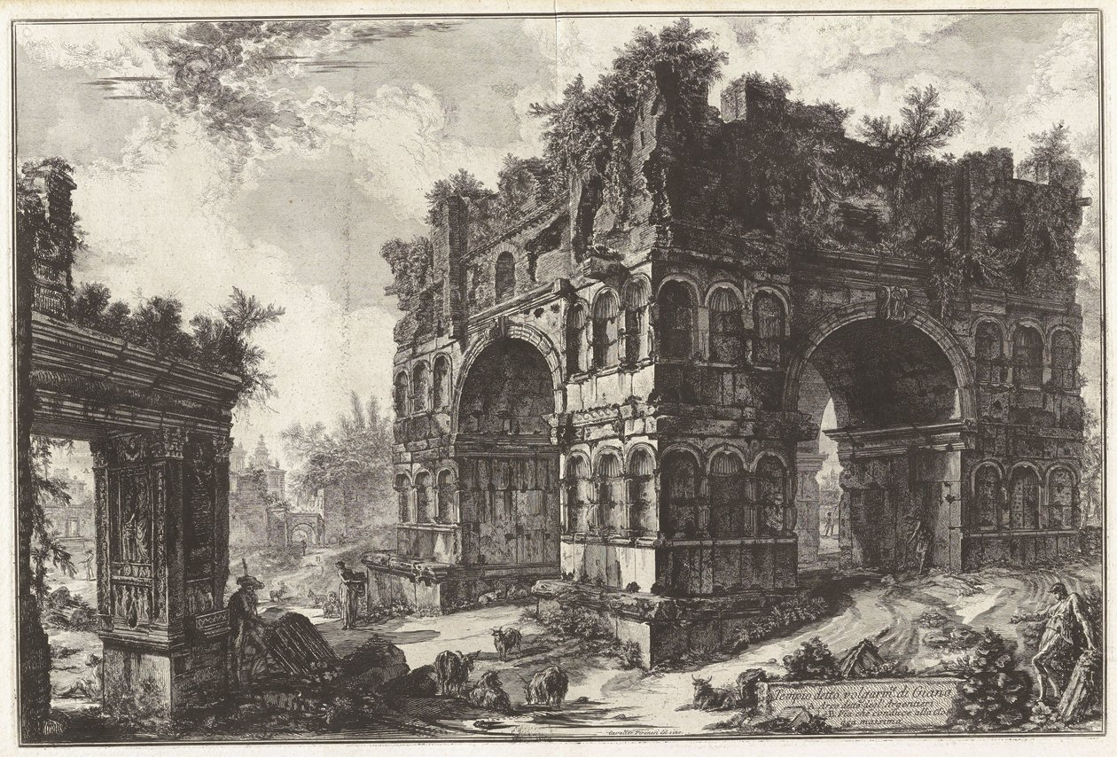 Tak zwana świątynia Janusa. A. Tak zwany łuk Argentariuszy, z Vedute di Roma (Widoki Rzymu) autorstwa Giovanni Battista Piranesi