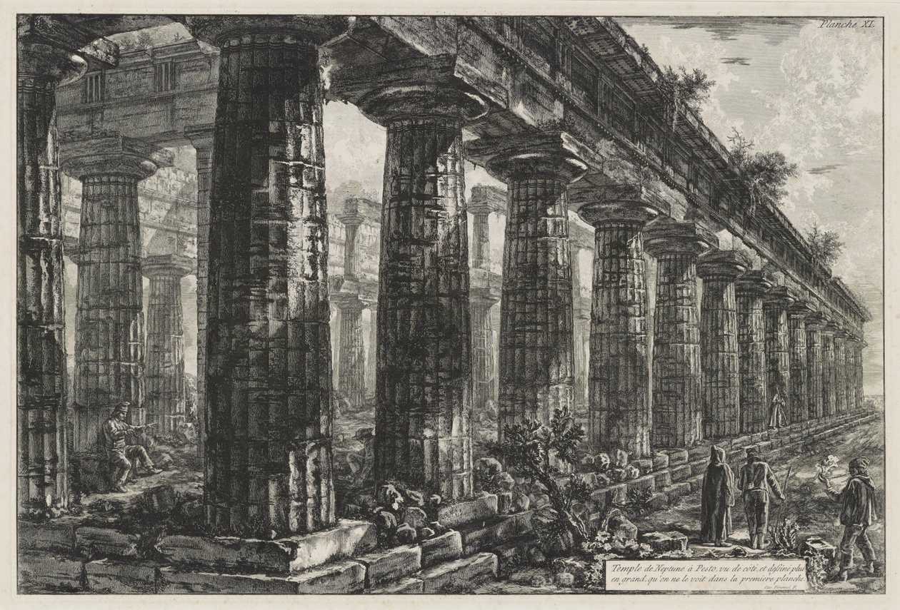 Świątynia Neptuna w Paestum, widziana z boku i narysowana w większej skali, niż widać na pierwszej tablicy, z Différentes vues de ... Pesto (Differen autorstwa Giovanni Battista Piranesi