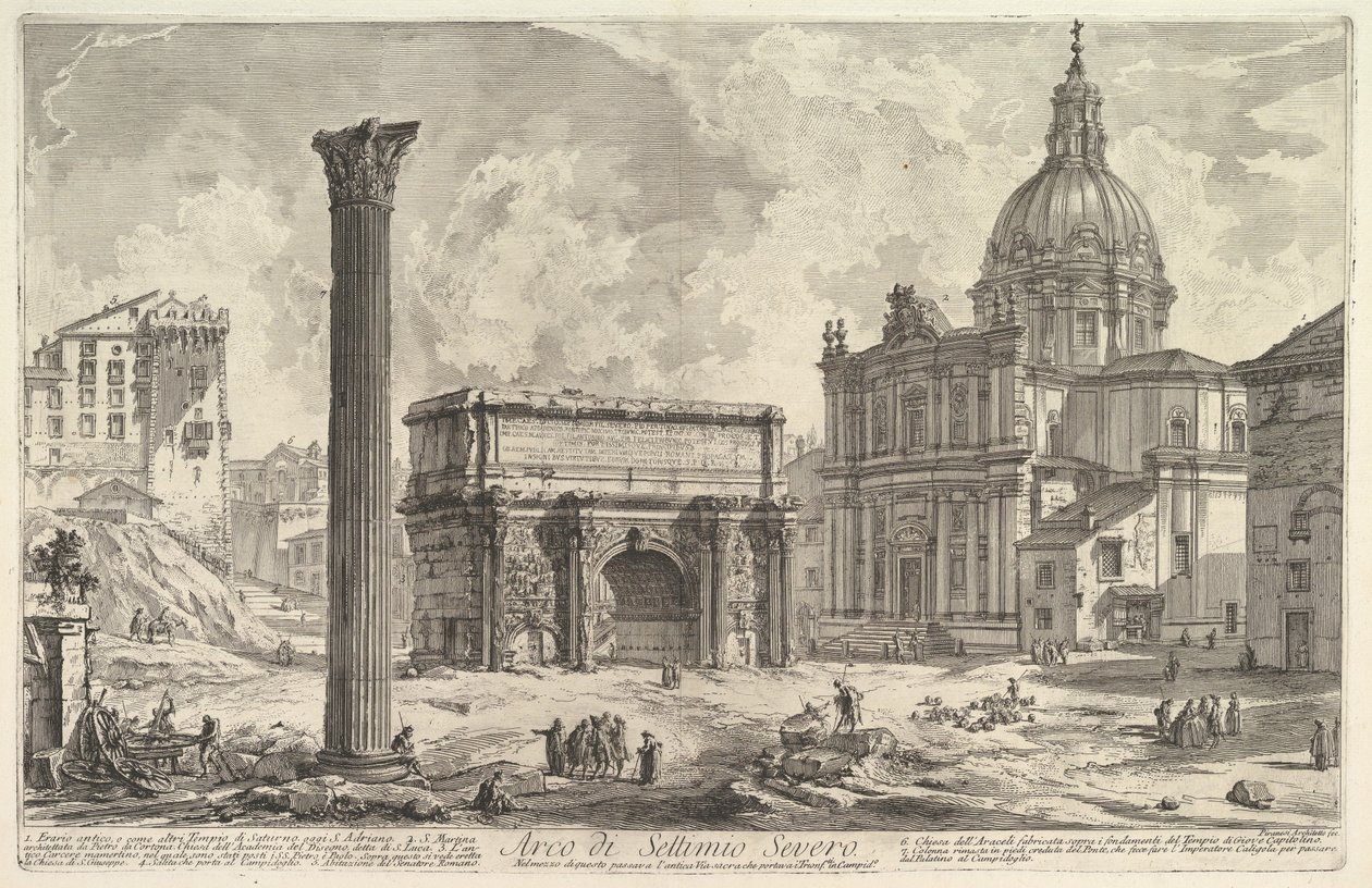 Łuk Septymiusza Sewera, z kościołem S. Martina po prawej stronie (Arco di Settimio Severo), z „Vedute di Roma“ autorstwa Giovanni Battista Piranesi