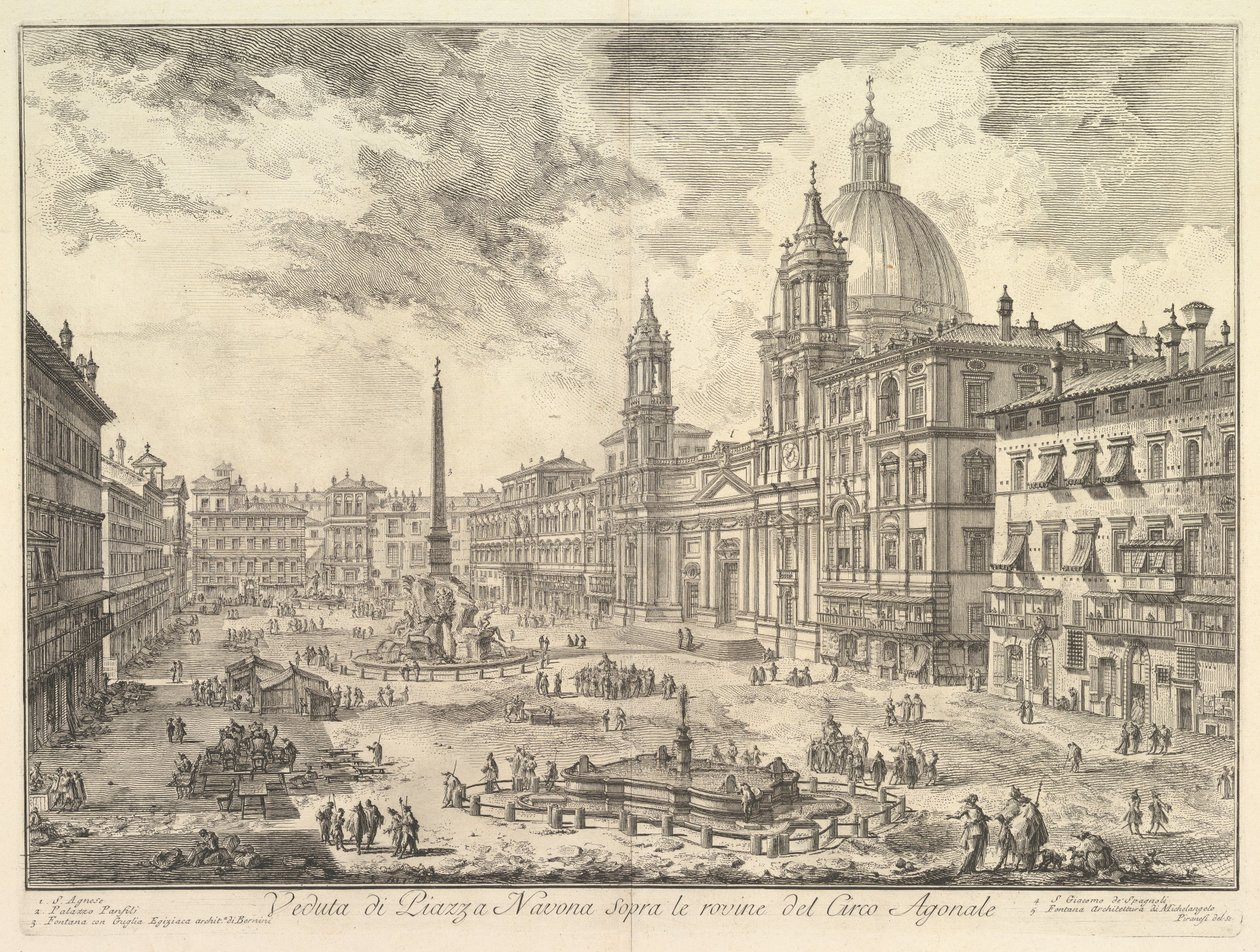 Piazza Navona w Rzymie, ponad ruinami cyrku Domicjana, po prawej kościół Sant