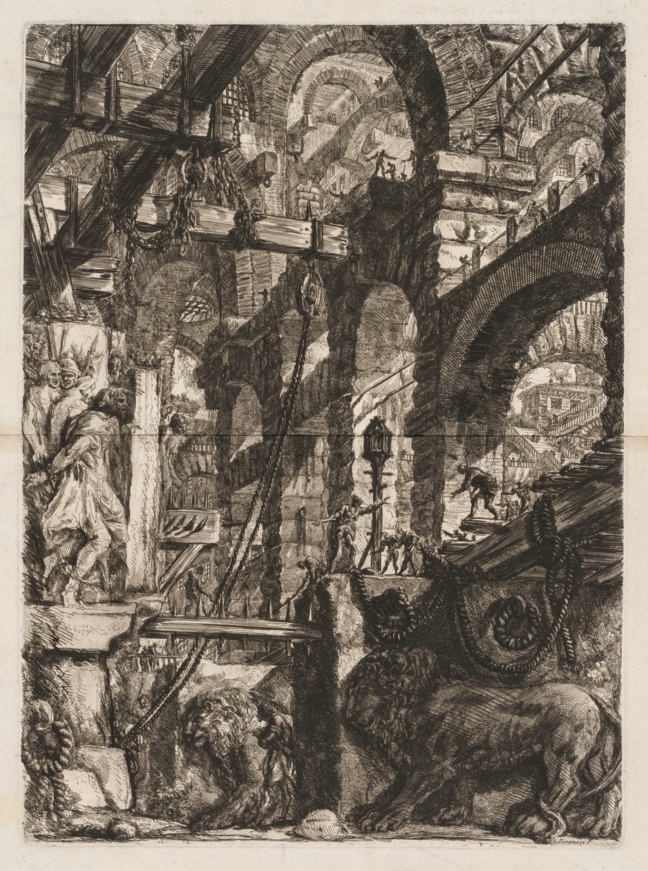 Więzienia: perspektywa rzymskich łuków, z dwoma lwami wyrzeźbionymi w reliefie..., 1745-50. autorstwa Giovanni Battista Piranesi