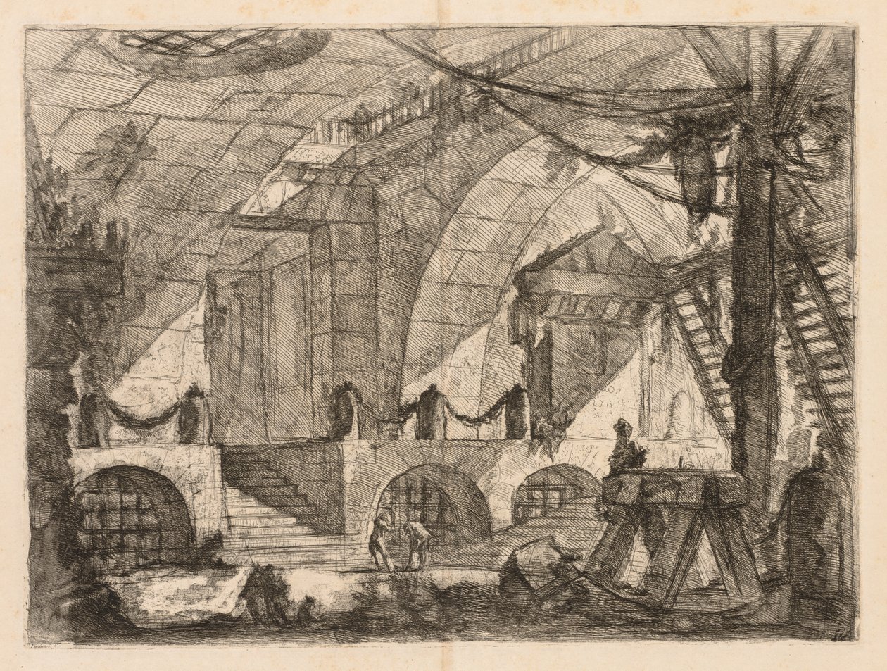 Więzienia: łukowata komora ze słupami i łańcuchami, 1745-1750. autorstwa Giovanni Battista Piranesi