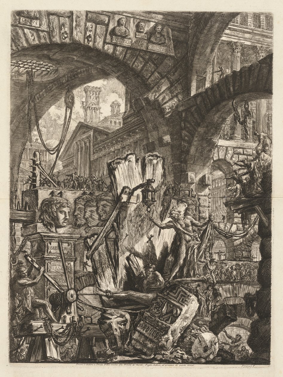 The Prisons: An Architectural Medly, z człowiekiem na skale na pierwszym planie, 1745-50. autorstwa Giovanni Battista Piranesi