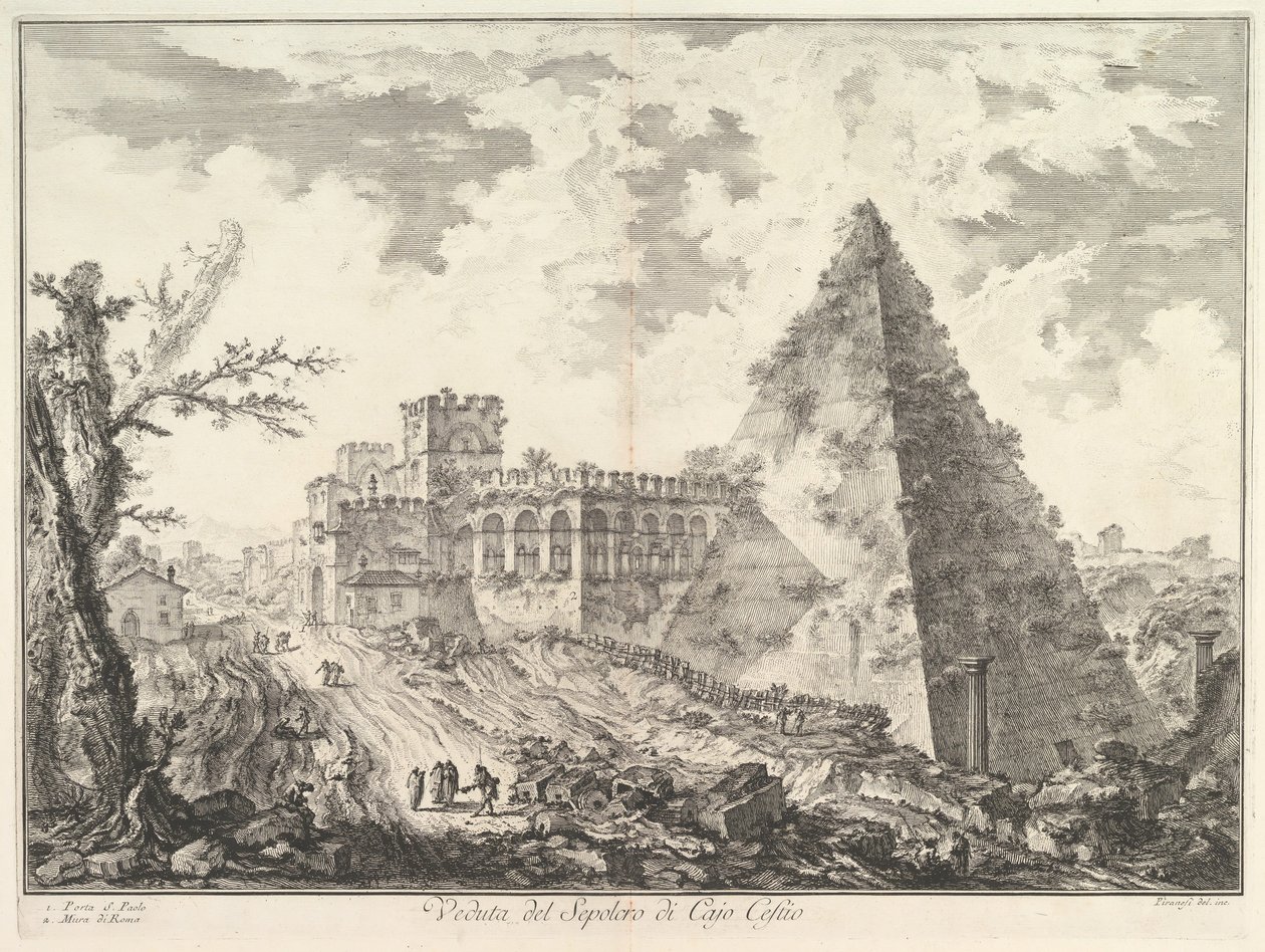 Piramida Caiusa Cestiusza, z Porta S. Paolo i przylegającą do niej drogą Veduta del S..., ca. 1755. autorstwa Giovanni Battista Piranesi