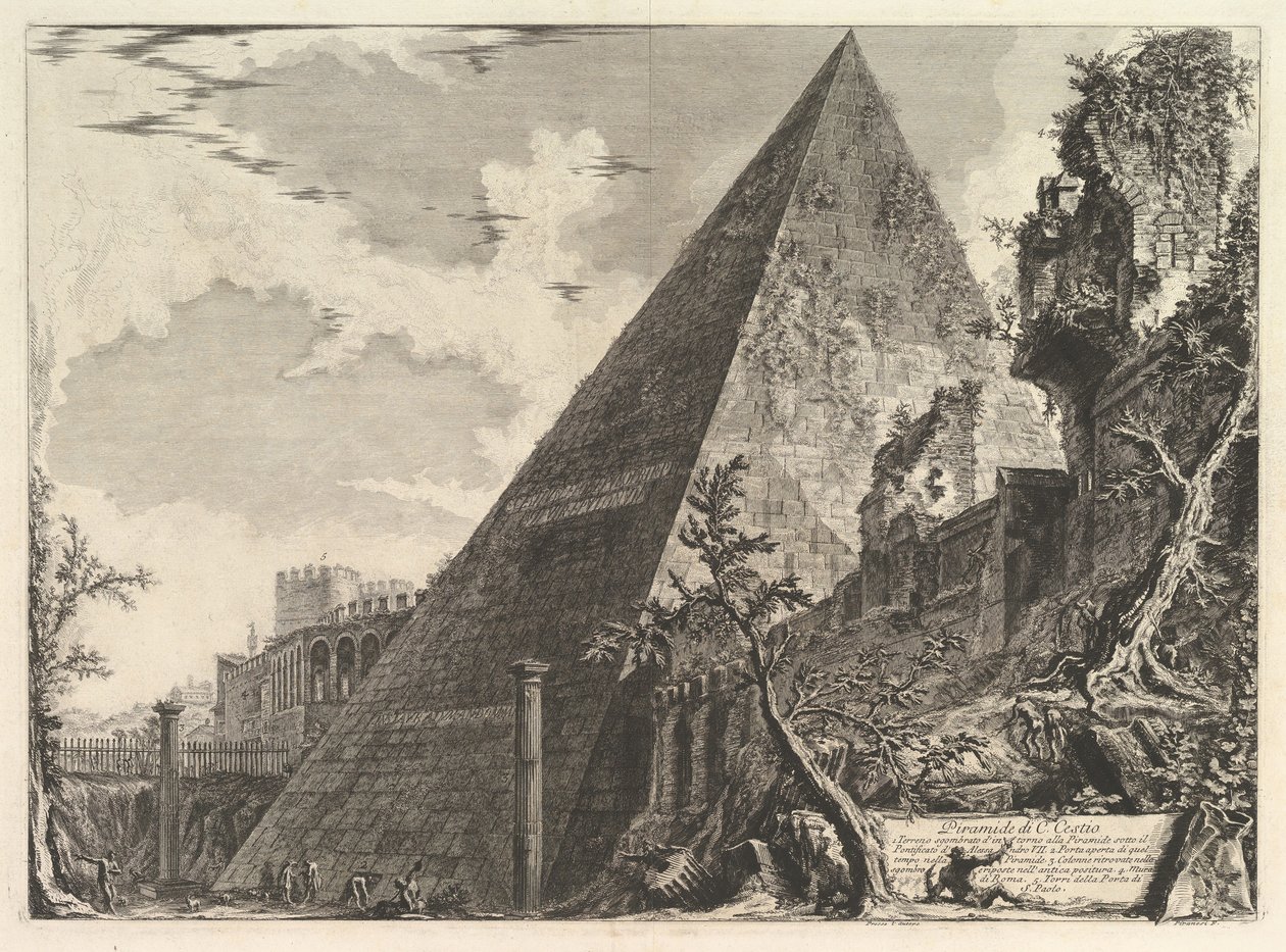 Piramida Gajusza Cestiusza, z Vedute di Roma Widoki rzymskie, ca. 1756. autorstwa Giovanni Battista Piranesi