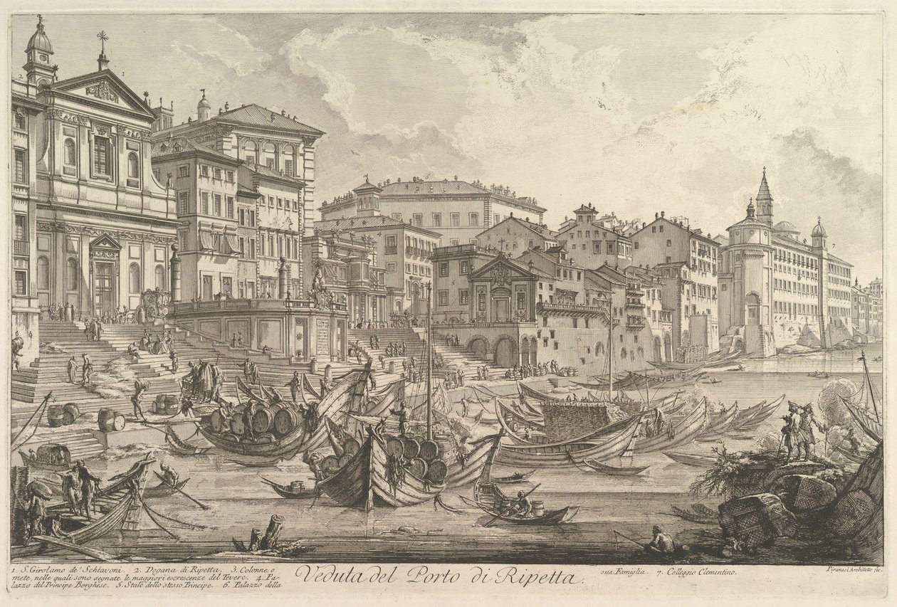 Mniejszy port, zwany Porto di Ripetta Widok na port Ripetta, ca. 1753. autorstwa Giovanni Battista Piranesi
