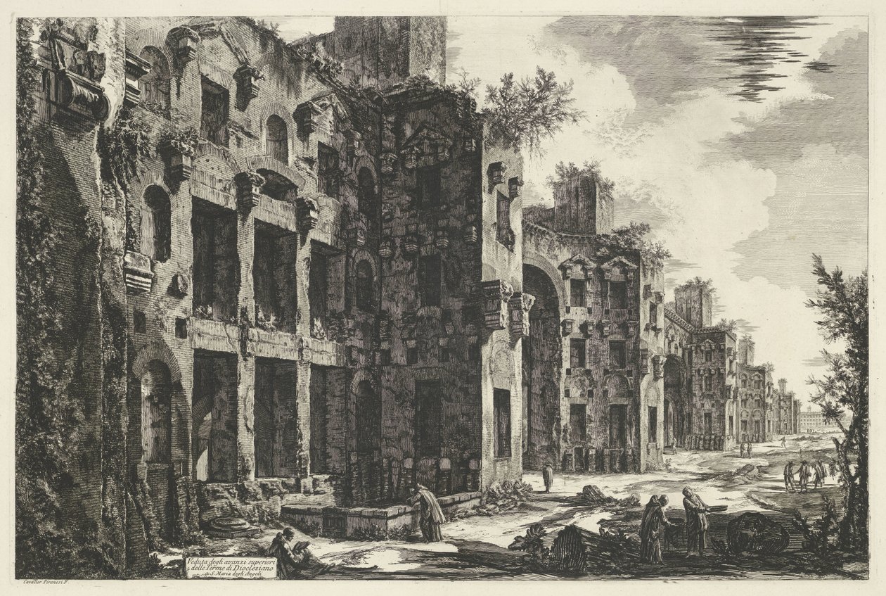 Thermen van Diocletianus te Rome Widok górnych pozostałości Łazienek Dioklecjana w S. Maria degli Angeli (tytuł na obiekcie) Gezichten op Rome (tytuł serii) Widoki Rzymu zaprojektowane i wyryte przez architekta Giambattistę Piranesiego Ve (nez) iano (seri autorstwa Giovanni Battista Piranesi